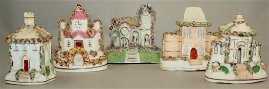 Five Staffordshire porcelain models of cottages and a church, mid 19th century, 10 - 11.5cm